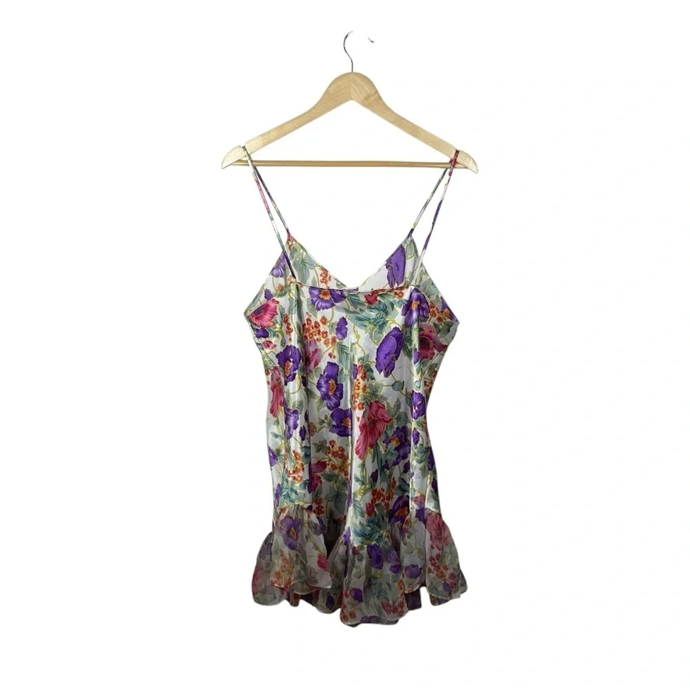 VINTAGE Satin Floral Ruffle Mini Slip Dress in White/Pink/Purple OS - Picture 7 of 8
